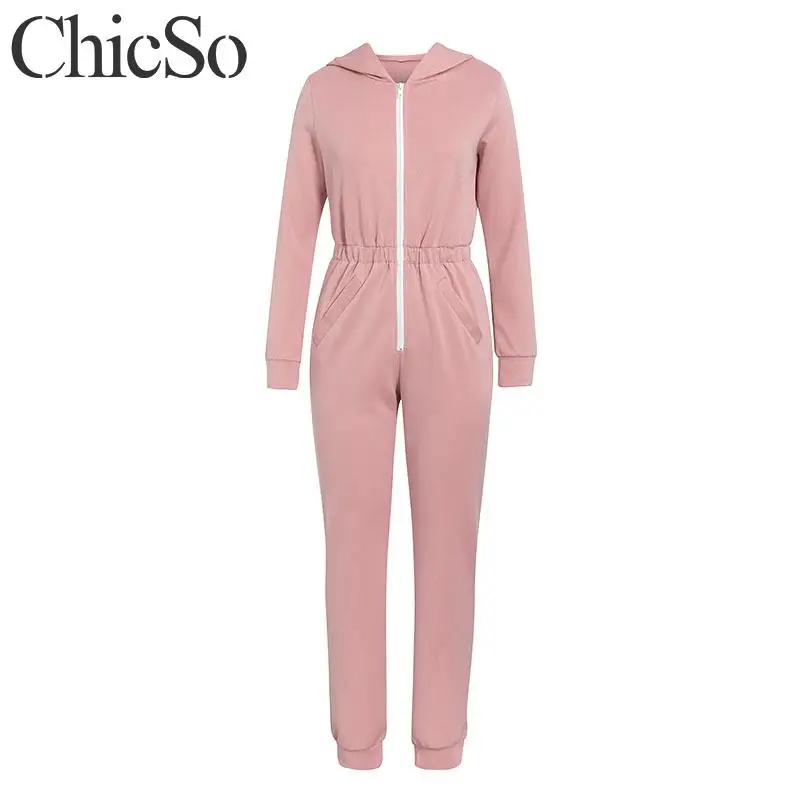 MissyChilli Knitted hooded sports jumpsuit Women zipper pocket long sleeve elegant Female autumn winter warm