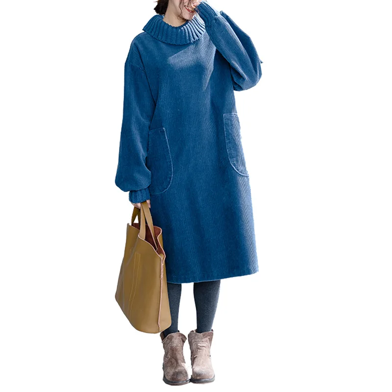 Женское вельветовое платье средней длины осенне зимнее трикотажное свободное