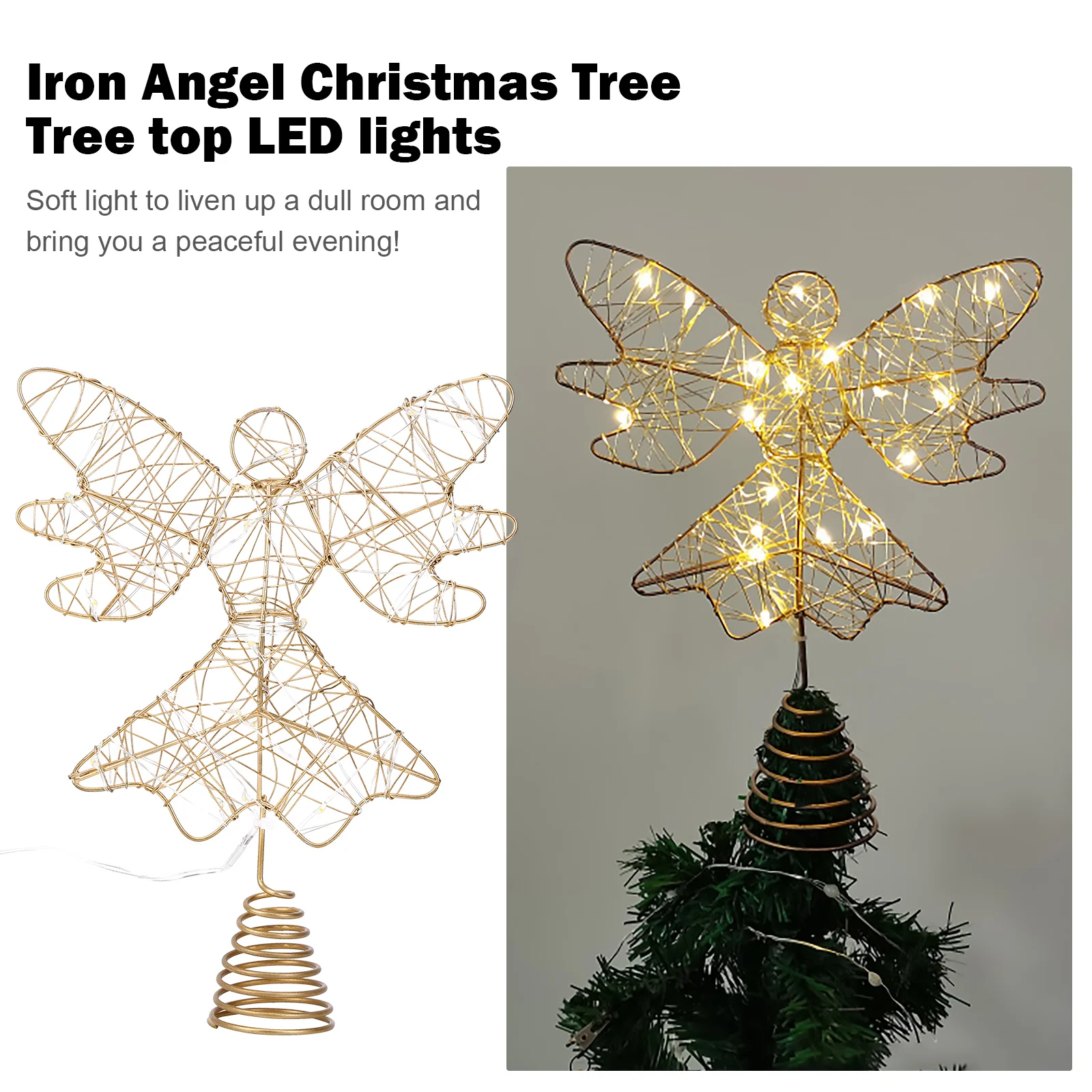 

Топпер для рождественской елки с ангелом, полый металлический проволочный ангел, светящиеся украшения, светящийся настольный декор, реквиз...
