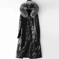winter fashion 2020 fox fur collar hooded sheepskin leather down jacket womens long genuine leather coat thick warm outwear