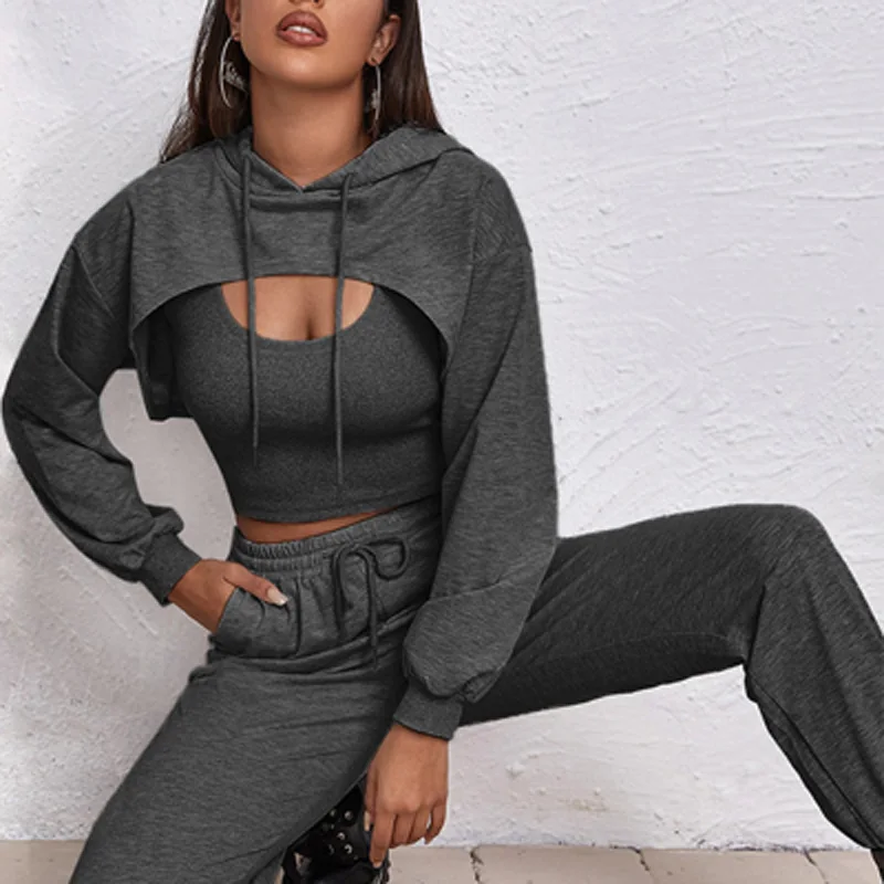 

3 шт., Женский хлопковый комплект из жилета с капюшоном и брюк на шнуровке