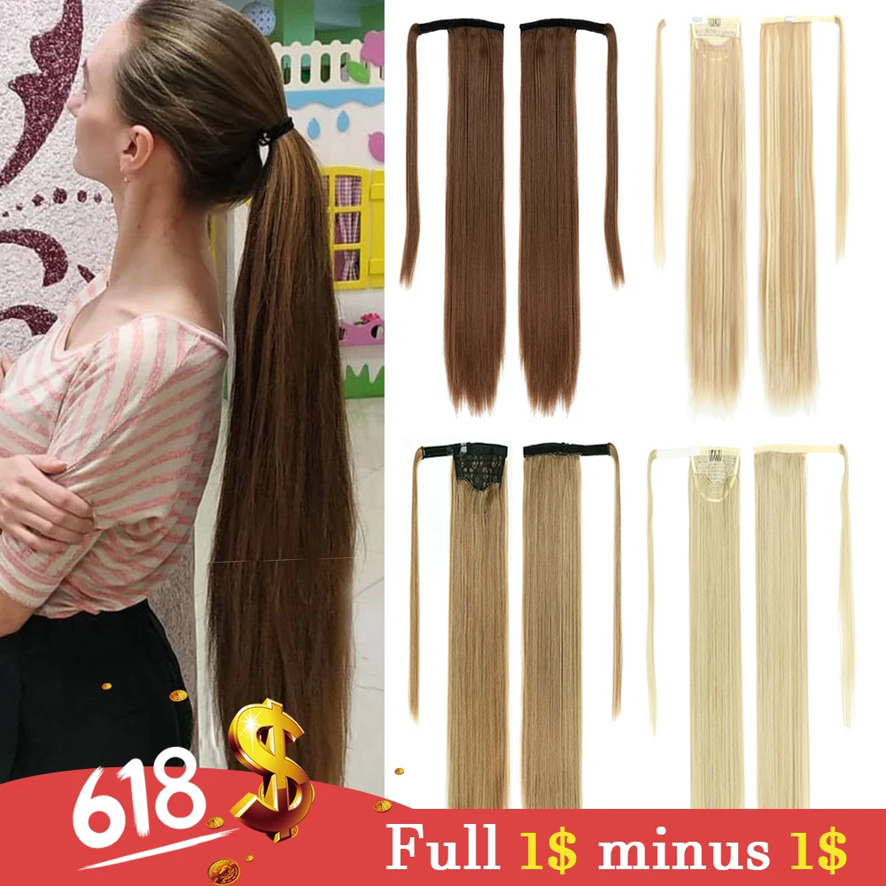

Mydiva 28‘’long Straight Wrap Around Clip in Ponytail Hair Extension Heat Resistant Synthetic Pony Tail Fake Hair Pure Color