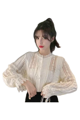 

Autumn New Korean Style Chic Lace Patchwork Full Sleeves Tops For Women Elegant Button Up Shirts Sheer Tops