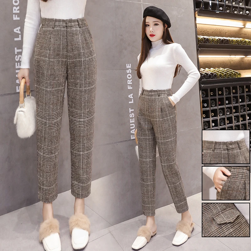 Женские клетчатые шерстяные брюки 2019 осенне-зимняя одежда женские повседневные
