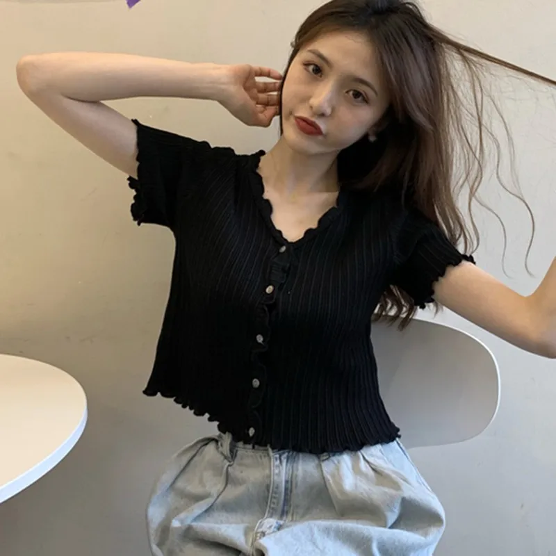 

Women's Fashion T-shirts V-neck Button Short Section Knitted Short T Shirt Tops Solid Tees