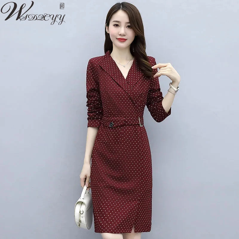 

Slim Waist Dot Print Long Sleeve Dress Women Korean Fashion Notched Suit Dress With Belt Plus Size Bodycon Dress Formal Vestidos