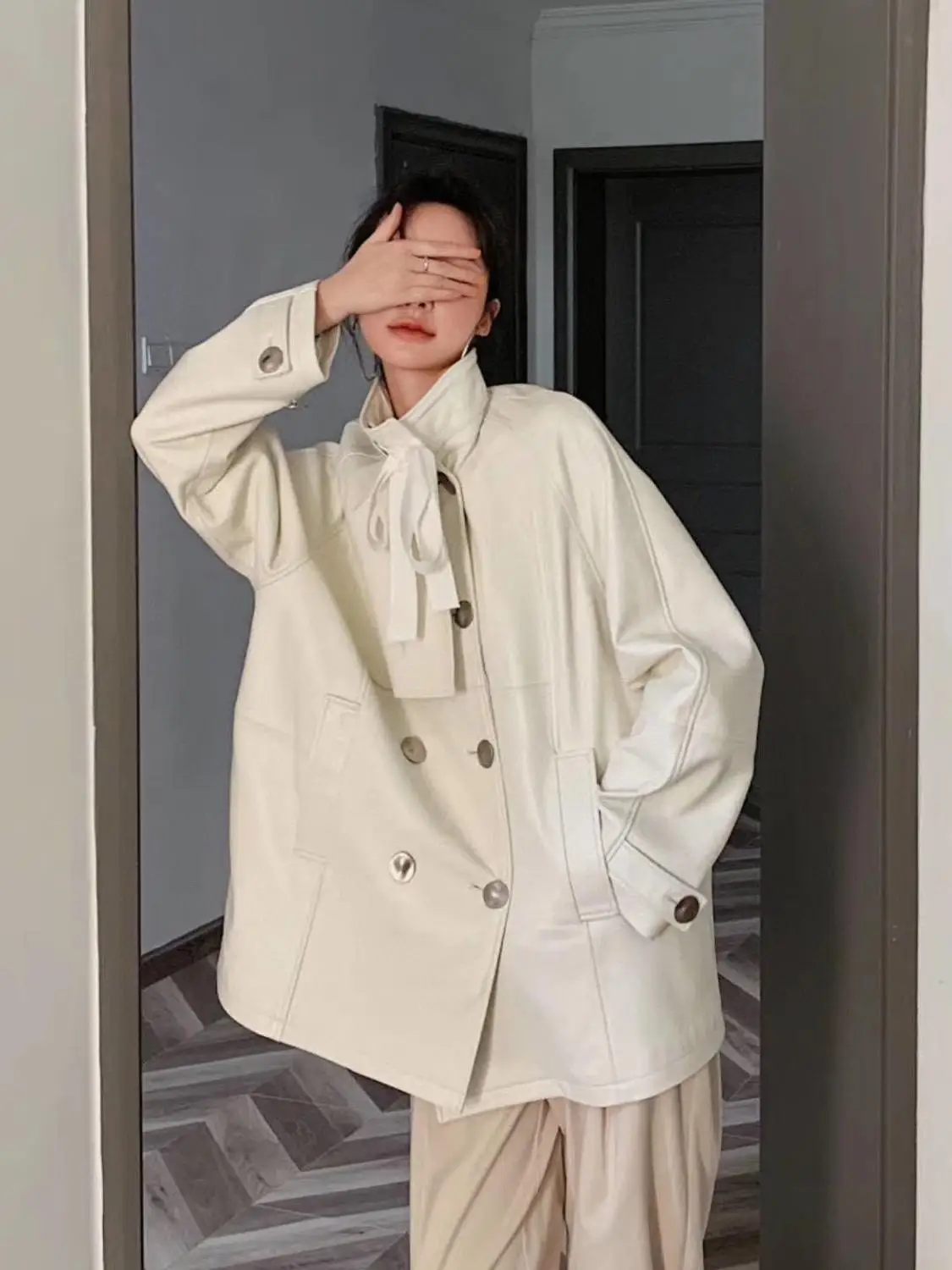 

HIGH QUALITY Newest Fashion Runway 2020 Autumn Winter Designer Jacket Women Double Breasted Loose Leather Jacket Coat