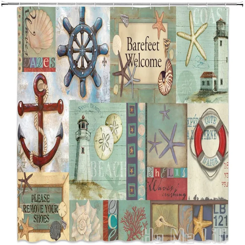 

Shower Curtain By Ho Me Lili Decor Anchor Starfish Lighthouse Rudder Lifebuoy Shell Coral Ocean Lovers Vintage Marine Life Theme