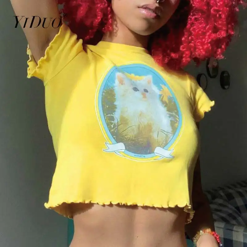 

YiDuo Cute Cat Printed Ruffles Short Sleeve Cropped T Shirt Ladies Harajuku Casual Tshirt Cotton Women Fashion Summer Crop Top