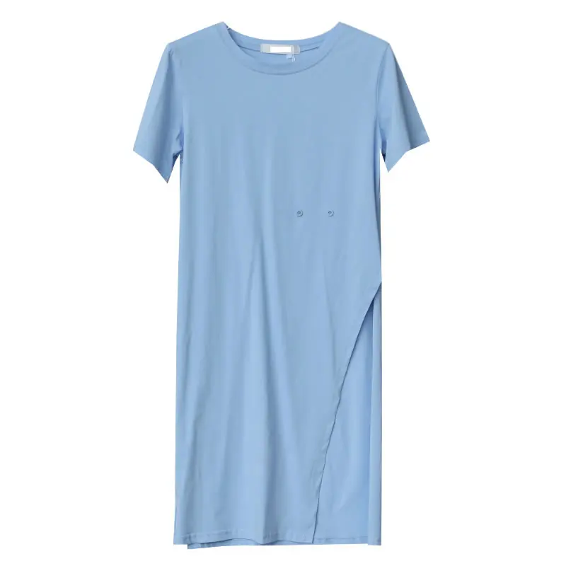 

XITAO Solid Color Women Casual T-shirt Asymmetrical Long Slit Hem Fashion Button Folds Splicing Simplicity Trendy Women WMD1651