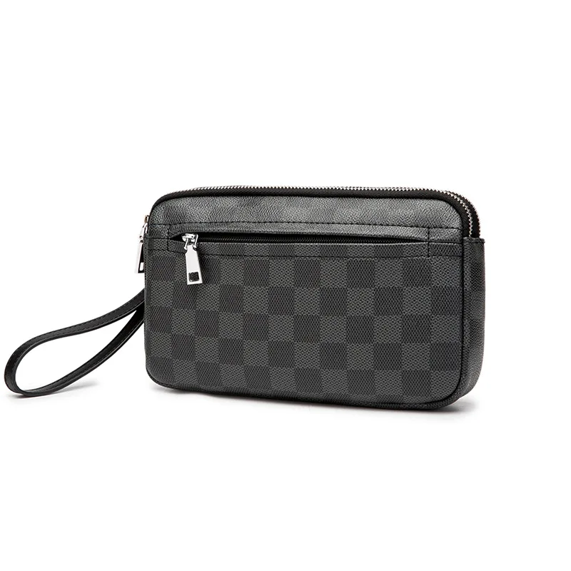 

Luxury Plaid Man Clutches Bags Double Zipper Wallet Fashion Designer High-Capacity Purse Bag Men Business Wallet Male Bag Black