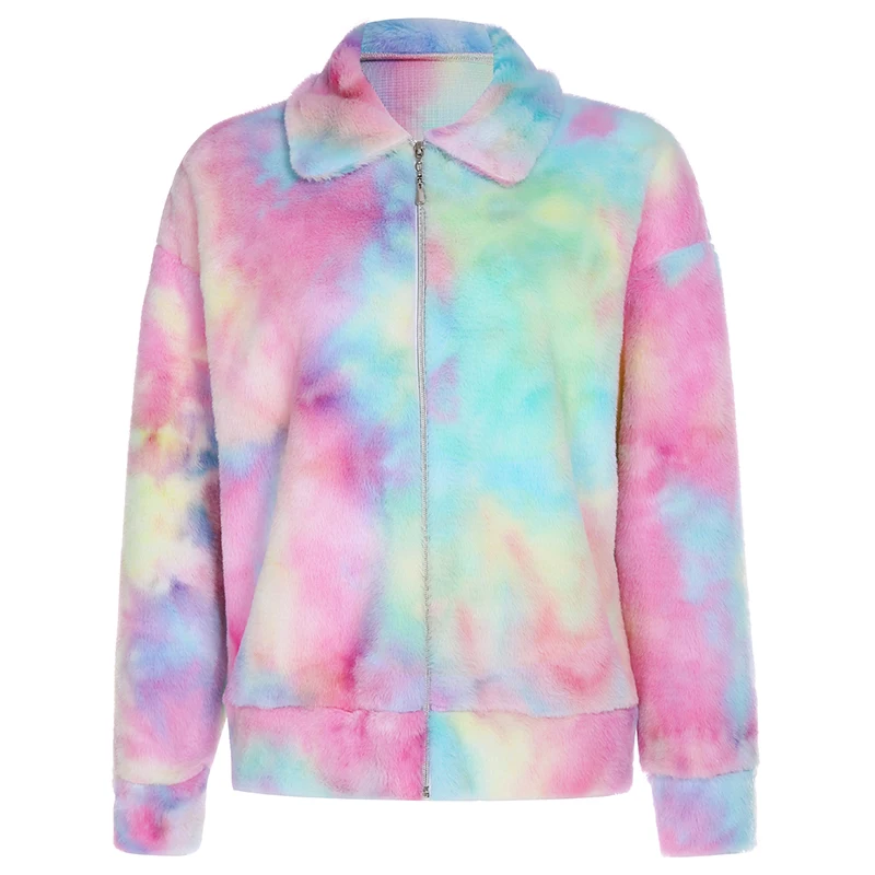 

DropShipping Winter Tie Dye Pink Faux Fur Coat Women Casual Loose Furry Teddy Bear Jacket Shaggy Thick Warm Soft Overcoat Autumn