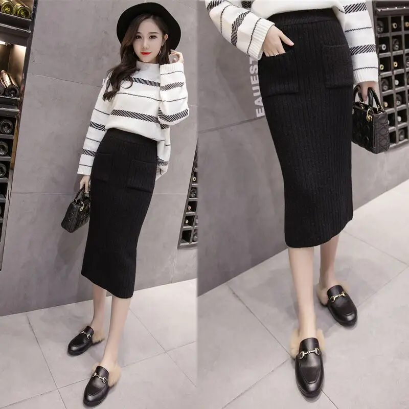 Модное зимнее классическое пальто с эластичной резинкой на талии вязаные