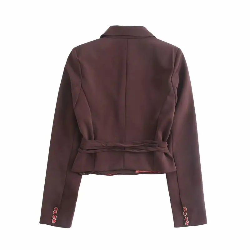 

ZA Women Blazer Bandage Jacket 2021 Solid Coat Notched Vintage Long Sleeve Pockets Female Outerwear OL Chic Tops