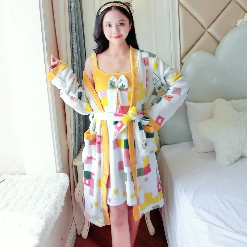 

2021 Winter Long Sleeve 2PCS Sexy Thick Warm Flannel Nightgowns Robes Sets for Women Coral Velvet Sleepwear Bathrobe Night Dress