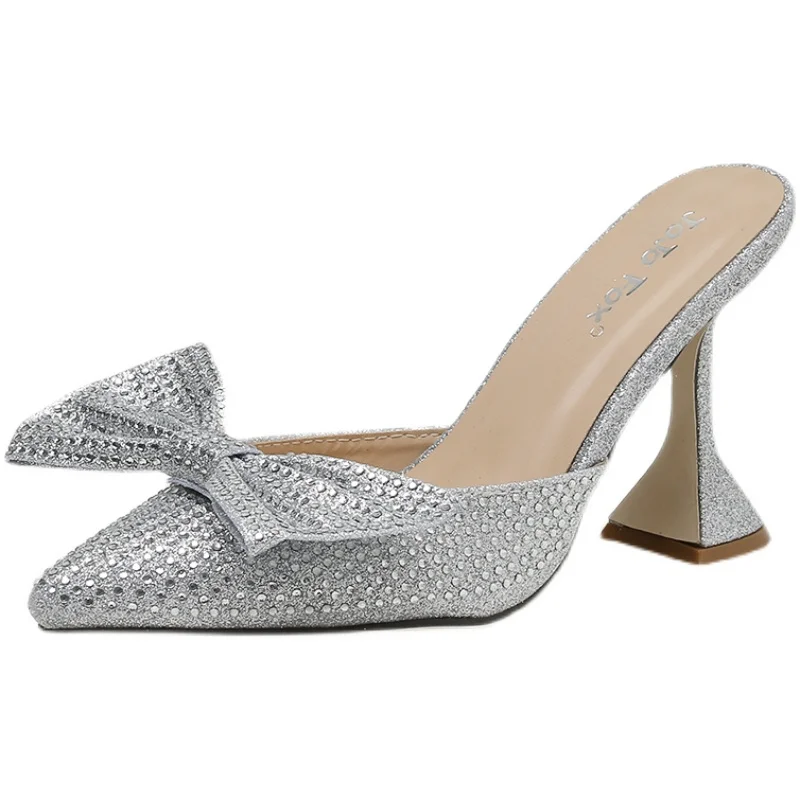 

New Pointed Bow Full of Rhinestones Baotou Wine Glasses and High-heeled Slippers