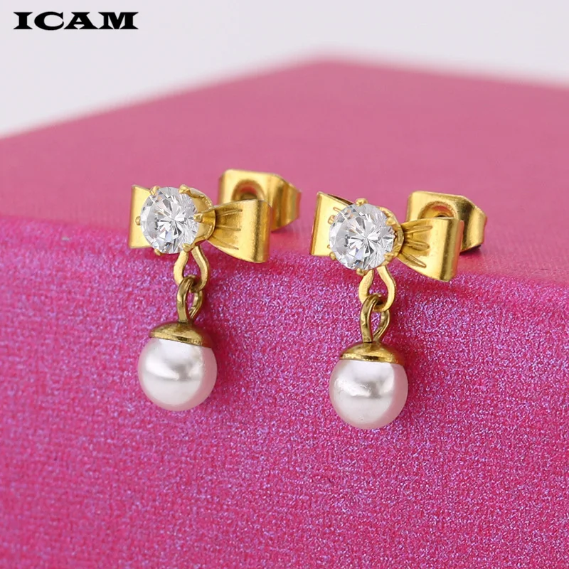 ICAM 316l хирургическая сталь кристалл жемчужина драгоценный камень серебро золото Цвет ушные серьги простой стиль Бант Серьги сексуальные девушки ювелирные изделия