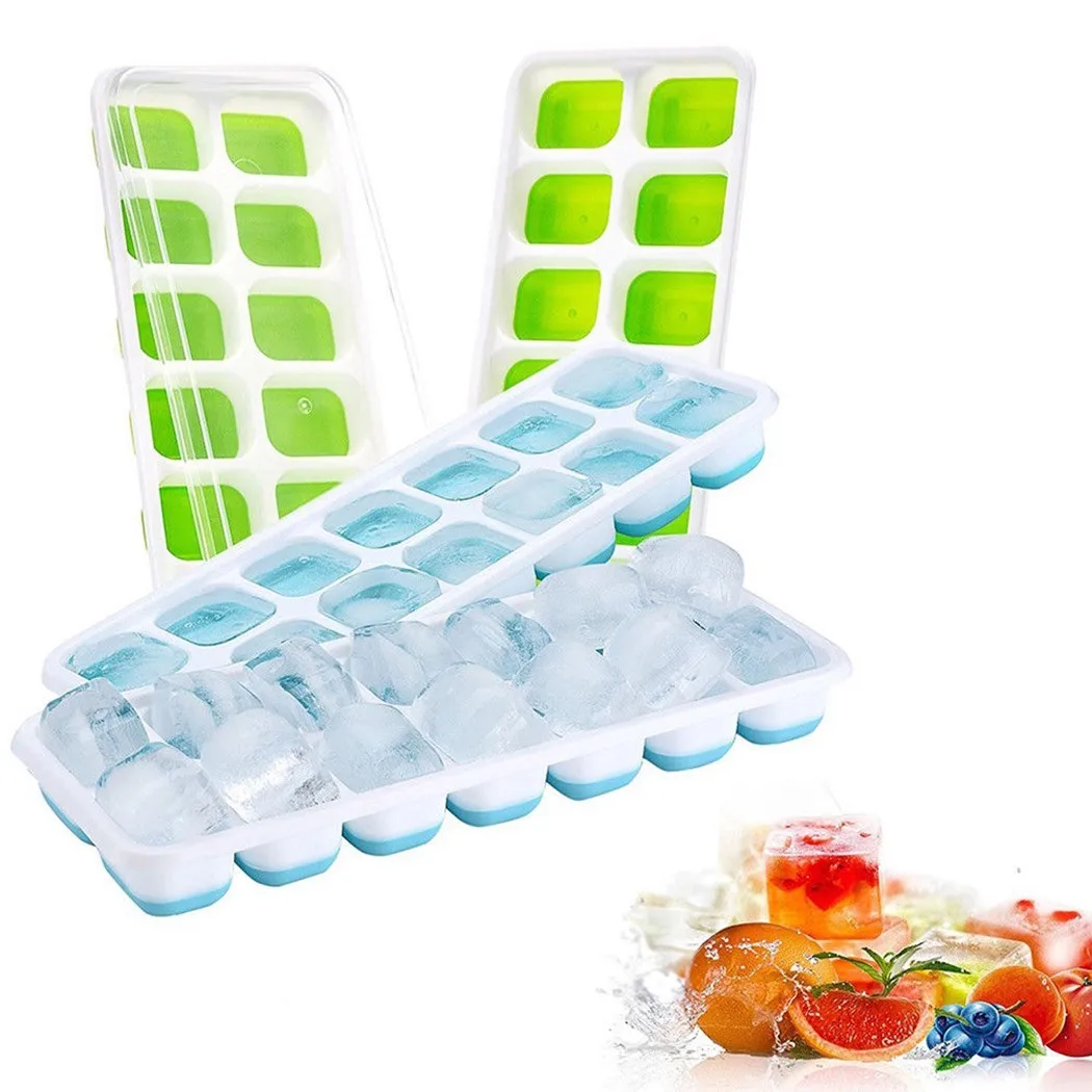 

14 Holes Silicone Ice Cube Tray Ices Maker Mold Trays Containers With Cover Silicone + PP Green/ Blue Kitchen Tools Gadgets