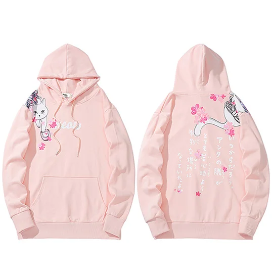 A775148 Pink Японская уличная толстовка с капюшоном в стиле хип-хоп Мужская толстовка Харадзюку толстовка с капюшоном кошка Япония Kanji Печатный хлопковый пуловер с капюшоном негабаритных - Цвет: A775148 Pink