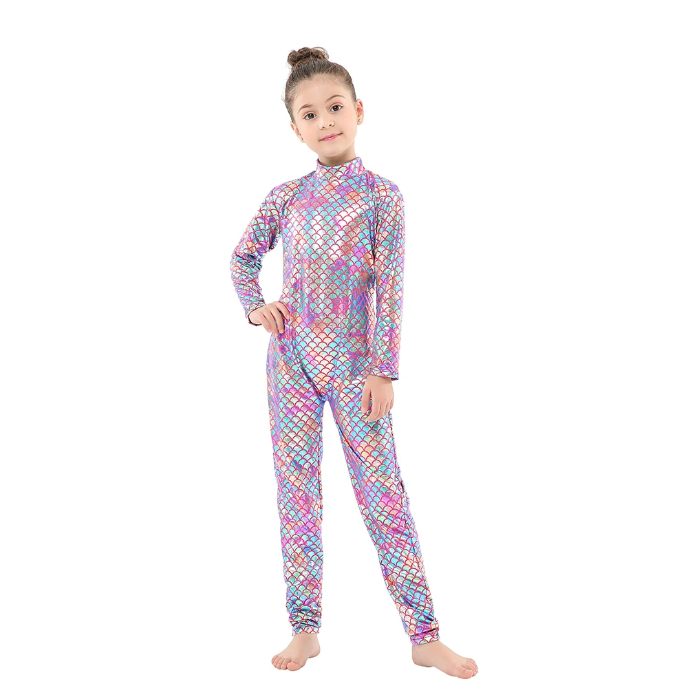 Girls Beauty Fish Skin Cosplay Costume Kids Mermaid Clothes Metallic Faux Leather Rainbow Sequin Baby One Piece Jumpsuit | Тематическая