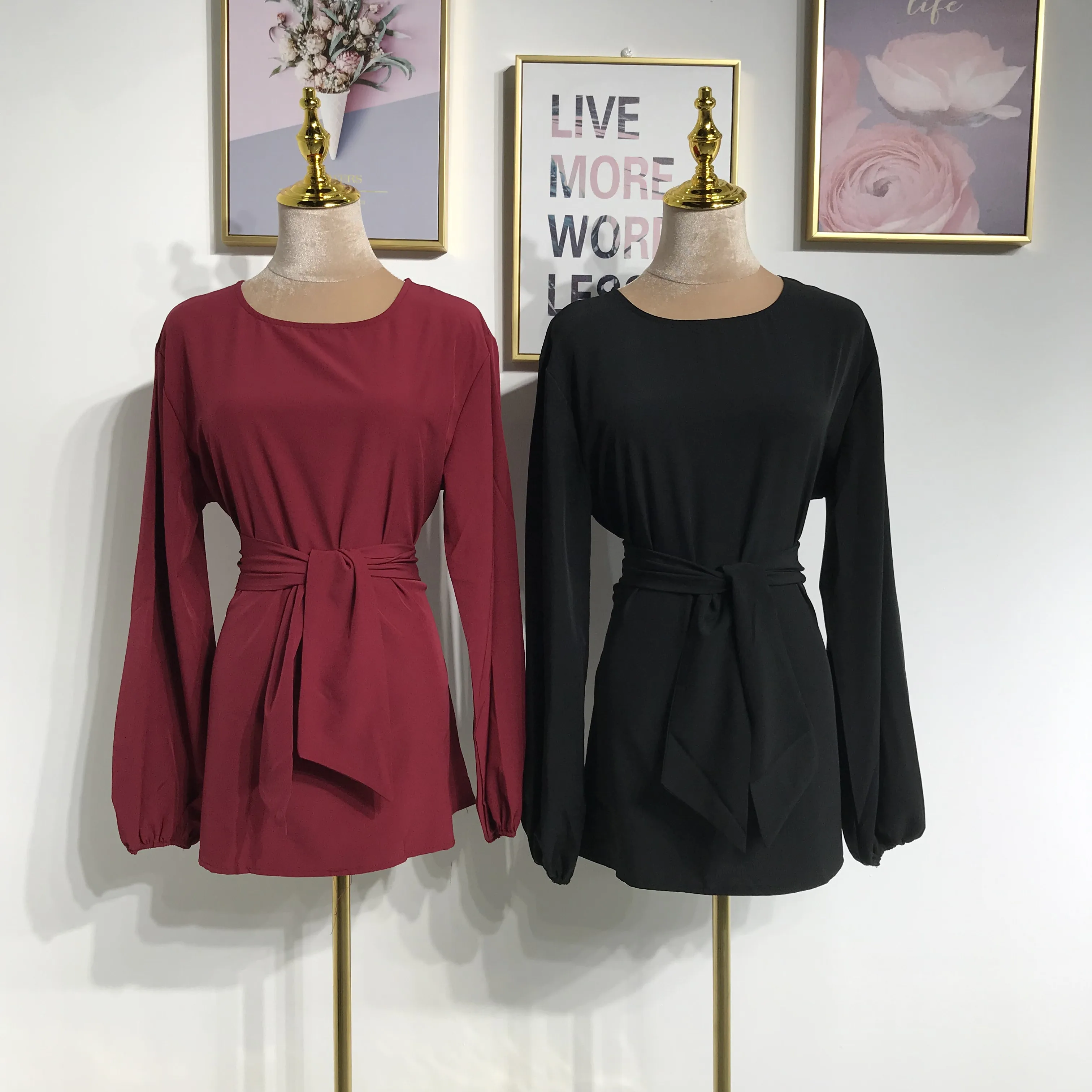 

Elegant Women's Tops Muslim Blouse Shirt Dress Belt Long Abaya Robe Gowns Jubah Ramadan Arabic Dubai Kaftan Islamic Clothing