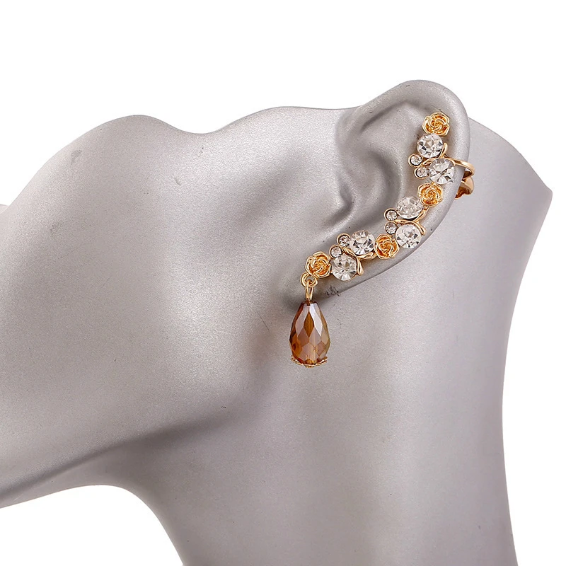 Модные стразы серьги клипсы для ушей женские золотистого цвета с цветком и
