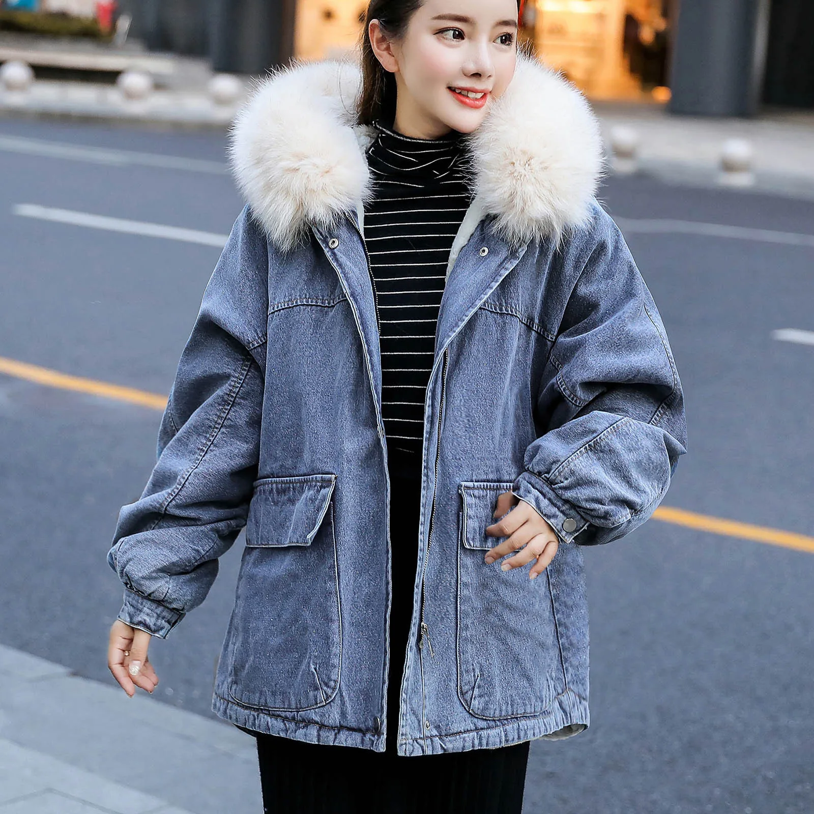 Зимнее теплое женское джинсовое пальто флисовая плюшевая джинсовая куртка