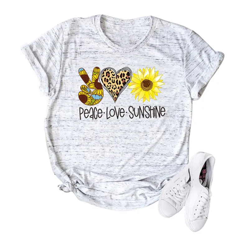 

Women Peace Love Sunshine Leopard Heart Summer Streetwear Hipster Tee Casual Letters Crew Neck Top Funny Floral T-Shirt