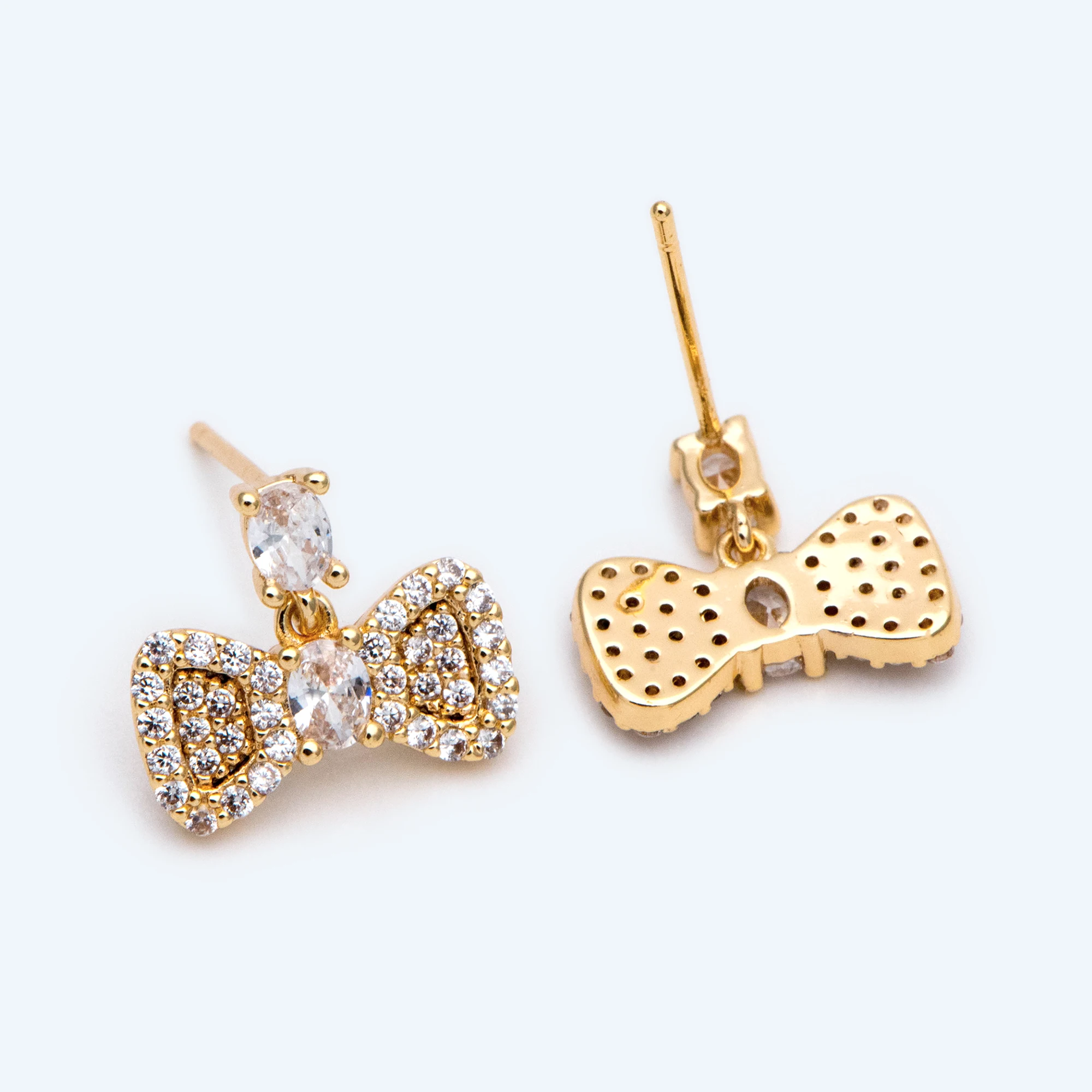 

10pcs CZ Paved Bow Knot Ear Posts 14mm, Real Gold Plated Brass, Quality Stud Earring Components (#GB-612)