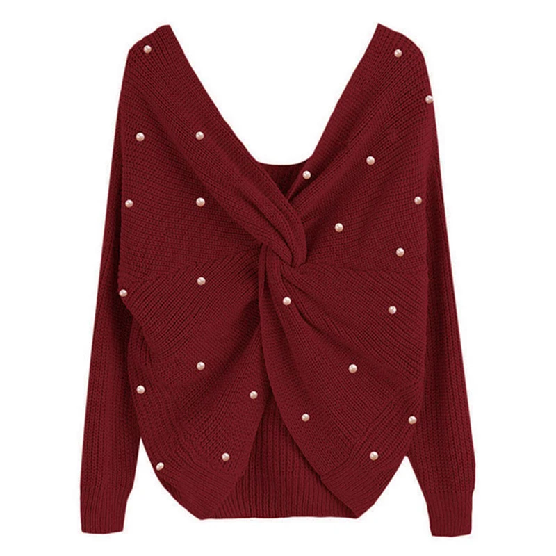 Sexy Backless Cross Pearls Sweater Pullover Jumper Knitting Loose Clothes Female Long Sleeve Knitted Women Winter | Женская одежда