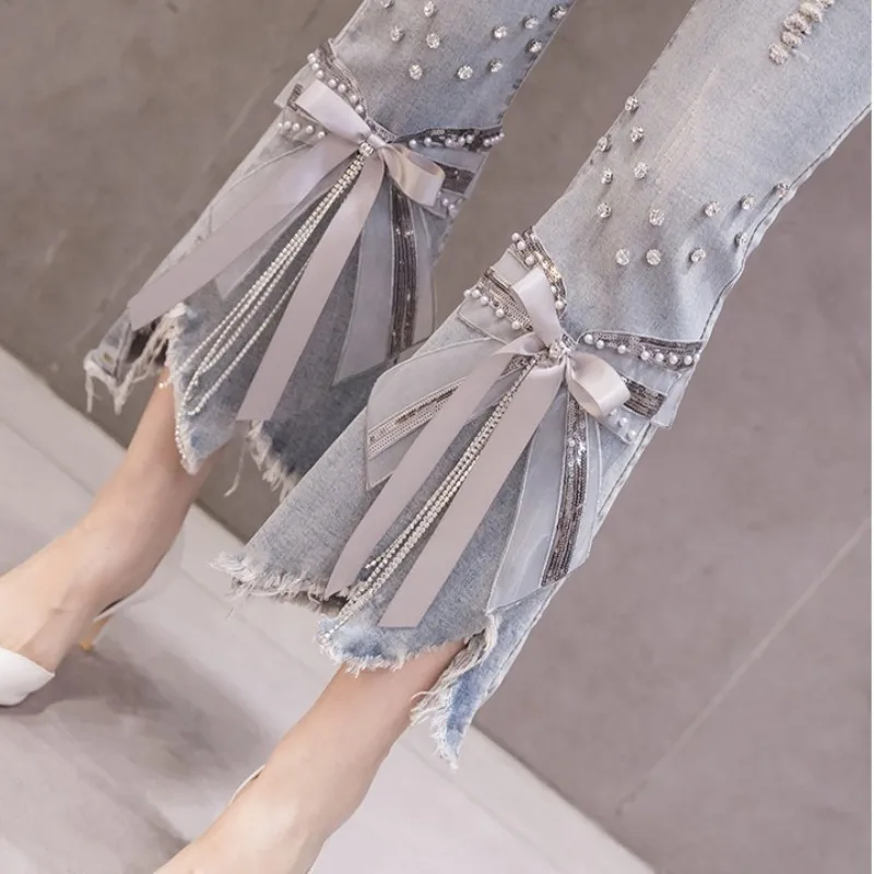 Женские джинсы бойфренд с высокой талией Стразы бусина бантиком нестандартные