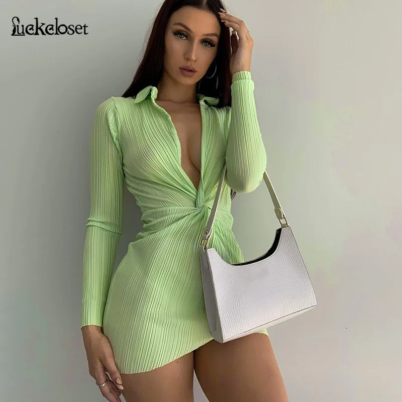 

Женское трикотажное платье-поло с V-образным вырезом, облегающее платье с завышенной талией и длинным рукавом, облегающее платье для женщин,...