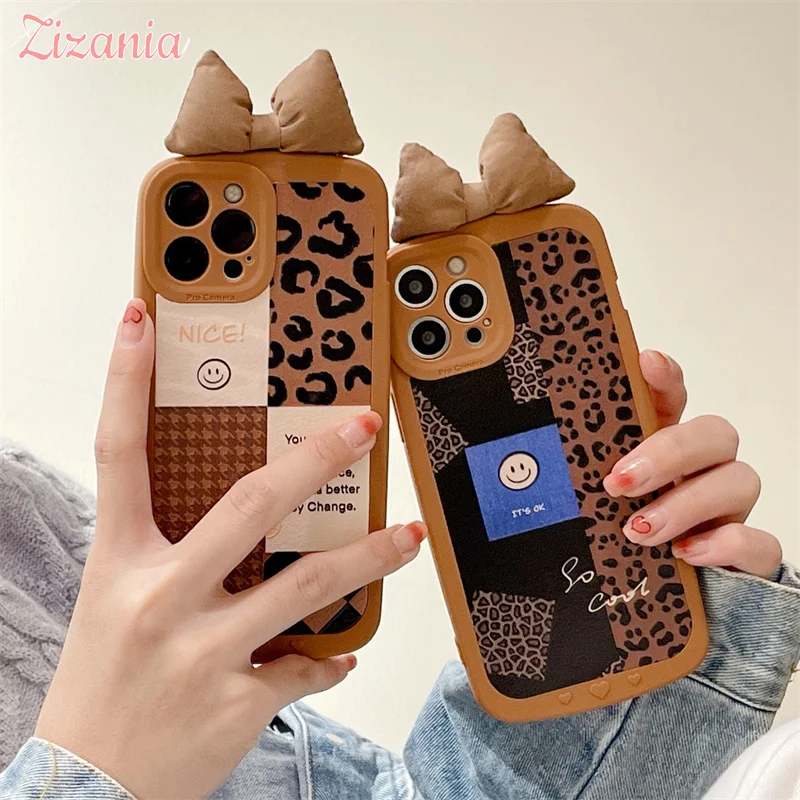 

Lovely Fashion Brown Leopard Smiley Bowknot Soft Phone Case For iPhone 13 12 11 Pro XS Max X XR 7 8 Plus Cover Girl Cute Sweety