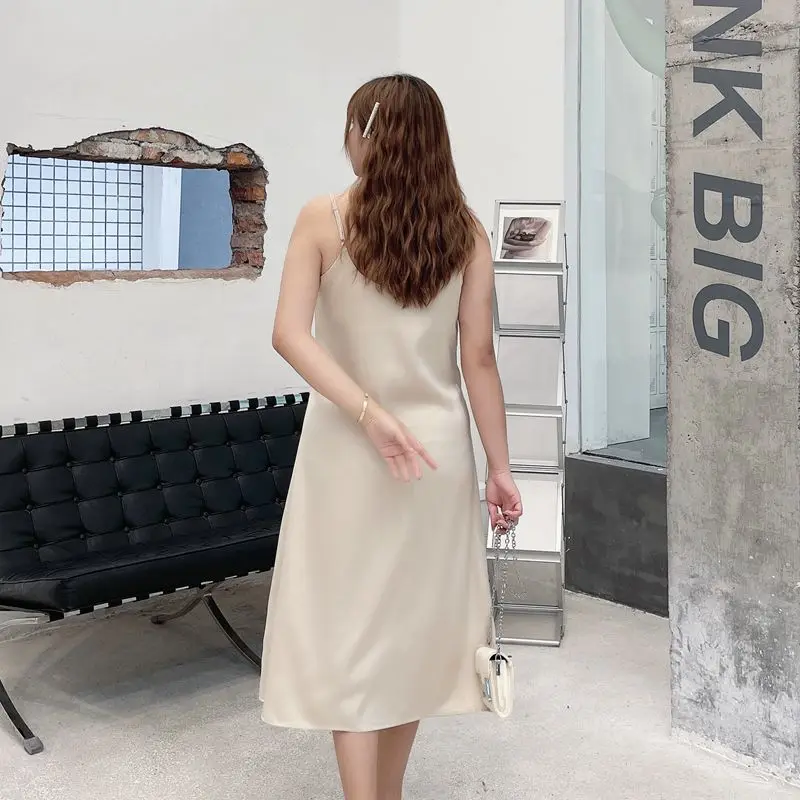 

Sling Mid-length Skirt 2021 Plus Size Sexy New Summer Women's Elegant Cotton Sleeveless V-neck Knotted Backless Commuter Dress