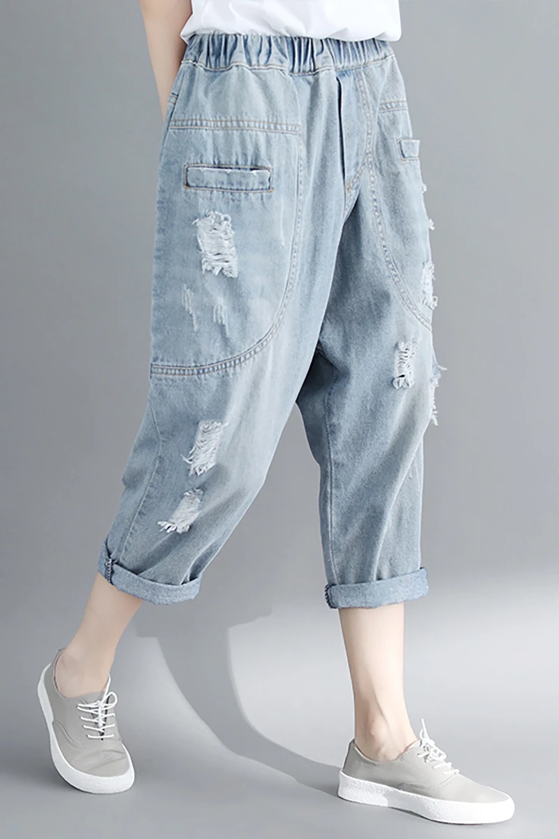 

Jeans Harem Pant Streetwear Loose Elastic waist Vintage Bleached Female High-Waist Women DM001