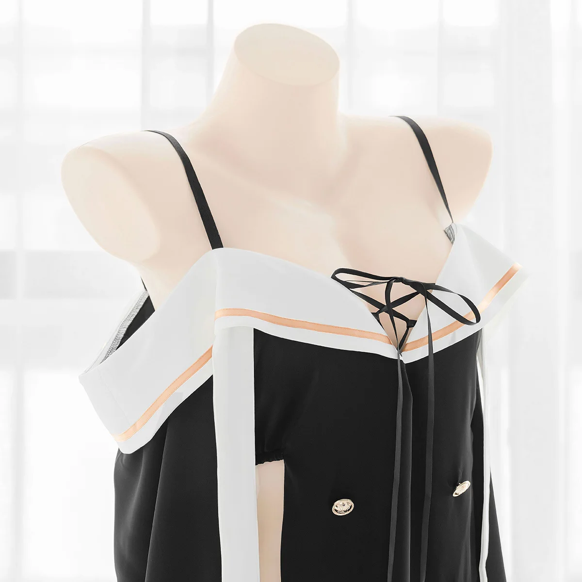 

Japanese Women's Sexy Nun Cross Lace Hollow Out Strapless Dress Lolita Girls Cosplay Long Sleeve Uniform Dress Homewear