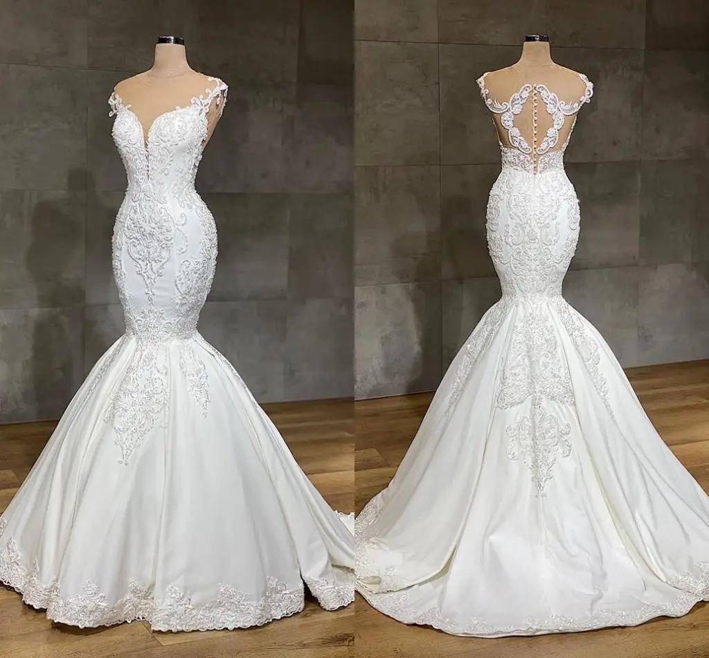 2020 Luxurious Mermaid Lace Wedding Dresses Jewel Neck Full Appliqued Crystal Long Cathedral Train Bridal Gowns | Свадьбы и