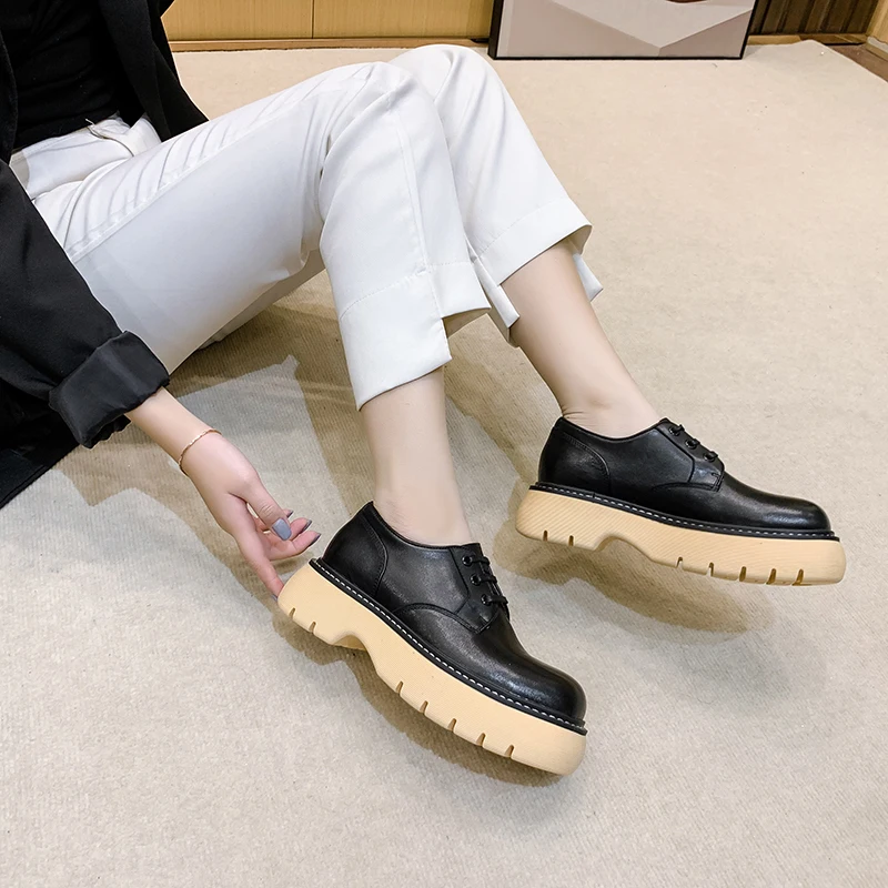 Jual Sepatu Wanita Musim Gugur/Dingin 2021 Sepatu Bot Pergelangan Kaki Ujung Bundar Kulit Asli Sepatu Platform Solid Sepatu Hak Rendah Kasual Wanita Untuk Anak Perempuan