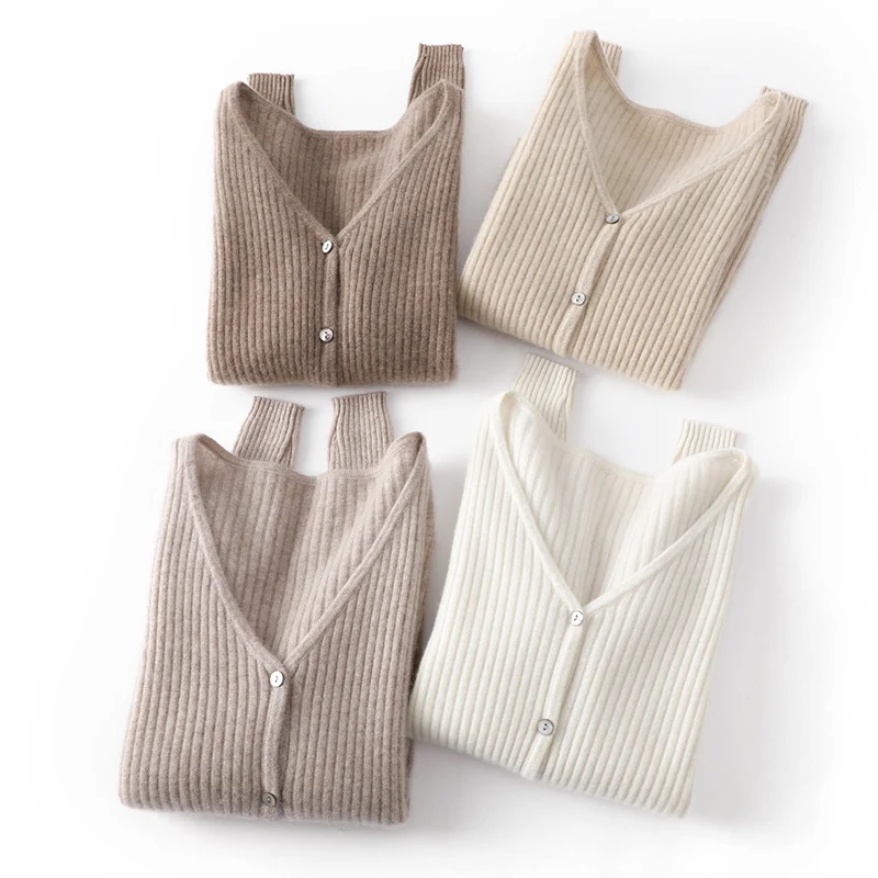 

Women's 100% Cashmere V-neck Ribbing Short Cardigan Basic Style Earthy Colors Necessary Knit Solid Color Sweater Spring Hotlist