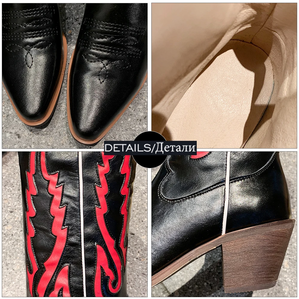 

ISNOM 2020 Western Boots Mix Color Leather Autumn Winter Mid Calf Boot Chunky Heel Cowboy Shoes Women Wedges Embroider Shoes