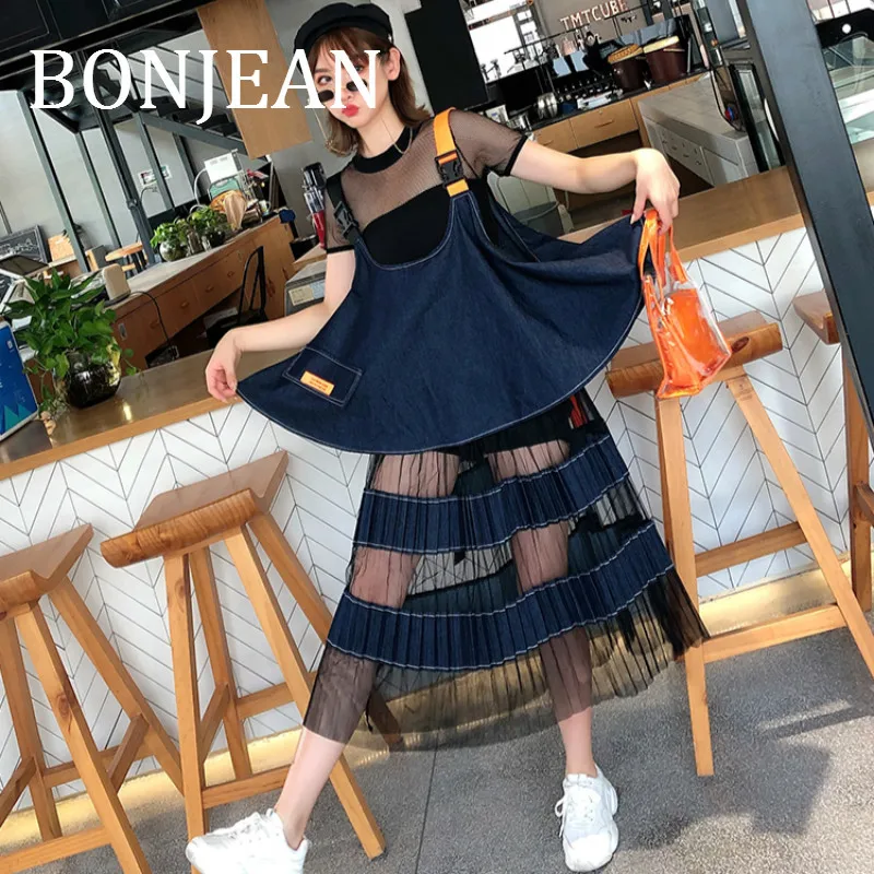 

Женское джинсовое платье BONJEAN, свободное платье из двух частей, на тонких бретельках, в стиле пэчворк, модель BJ1635 на лето, 2019