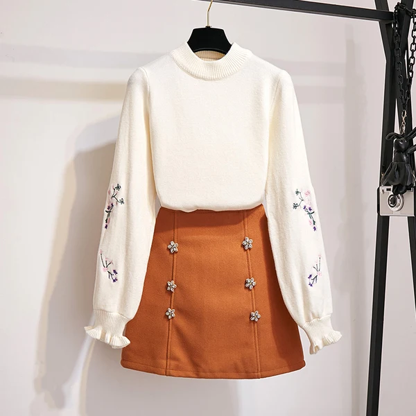 Водолазка с вышитыми цветами вязаный пуловер свитер юбка новый зимний костюм