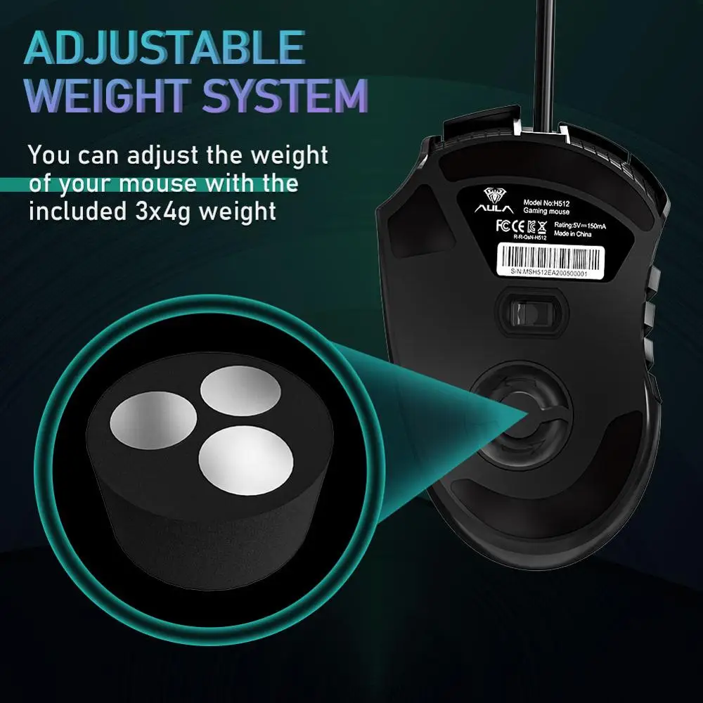 

AULA 5000 DPI RGB Backlight Gaming Mouse Programming Optical USB Wired Mouse Adjustable weight with Fire Keys For Laptop Desktop