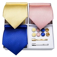 luxury 3 pack fashion silk tie solid yellow blue pink paisley necktie set gift for men wedding tie cufflinks gravata dibangu