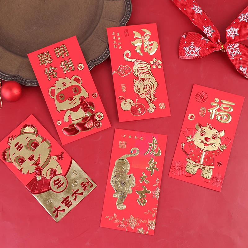 

6Pcs/Set 2022 Year Of The Tiger New Year Red Envelope Traditional Chinese Spring Festival Hongbao For Lucky Money новый год 2022