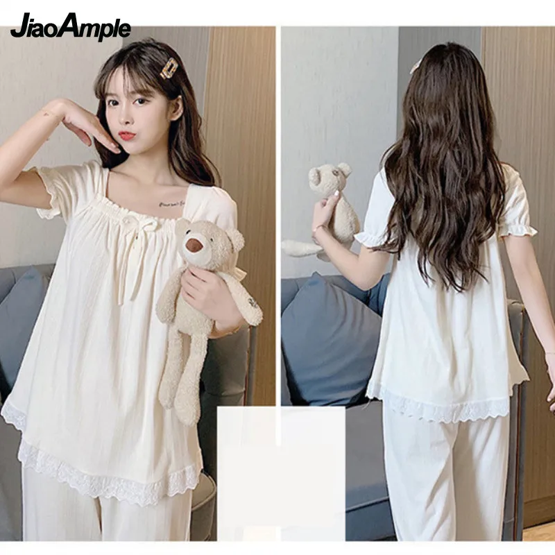 Pajamas Women Summer Autumn Cotton  Short-sleeved Shorts Trousers Pijamas Three-piece Korean Sweet Lace Sexy Nightwear Homewear