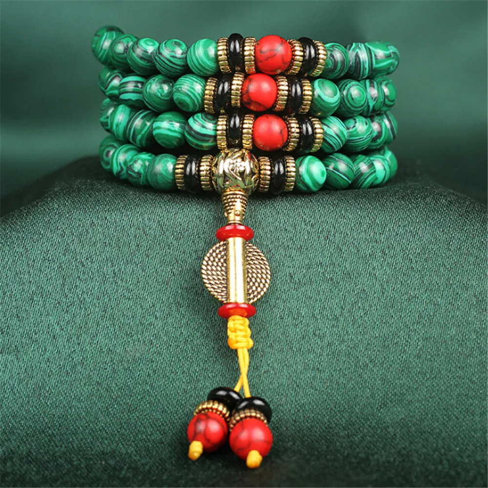 

Wholesale 8MM Natural Dragon Pattern Green Malachite 108 Mala Beads Prayer Bracelet Men or Women Yoga Meditation Beaded Bracelet