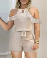 2021 two pieces suit summer holiday halter neck ruffles trim cold shoulder top shorts set overalls casual outfits with belt