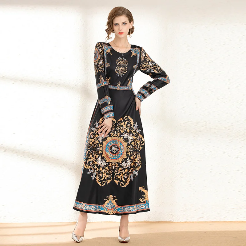 

New Vintage Quality Runway 2019 Spring Dresses Women's Long Sleeves Casual black Dress Vintage Printed Vestidos maxi long