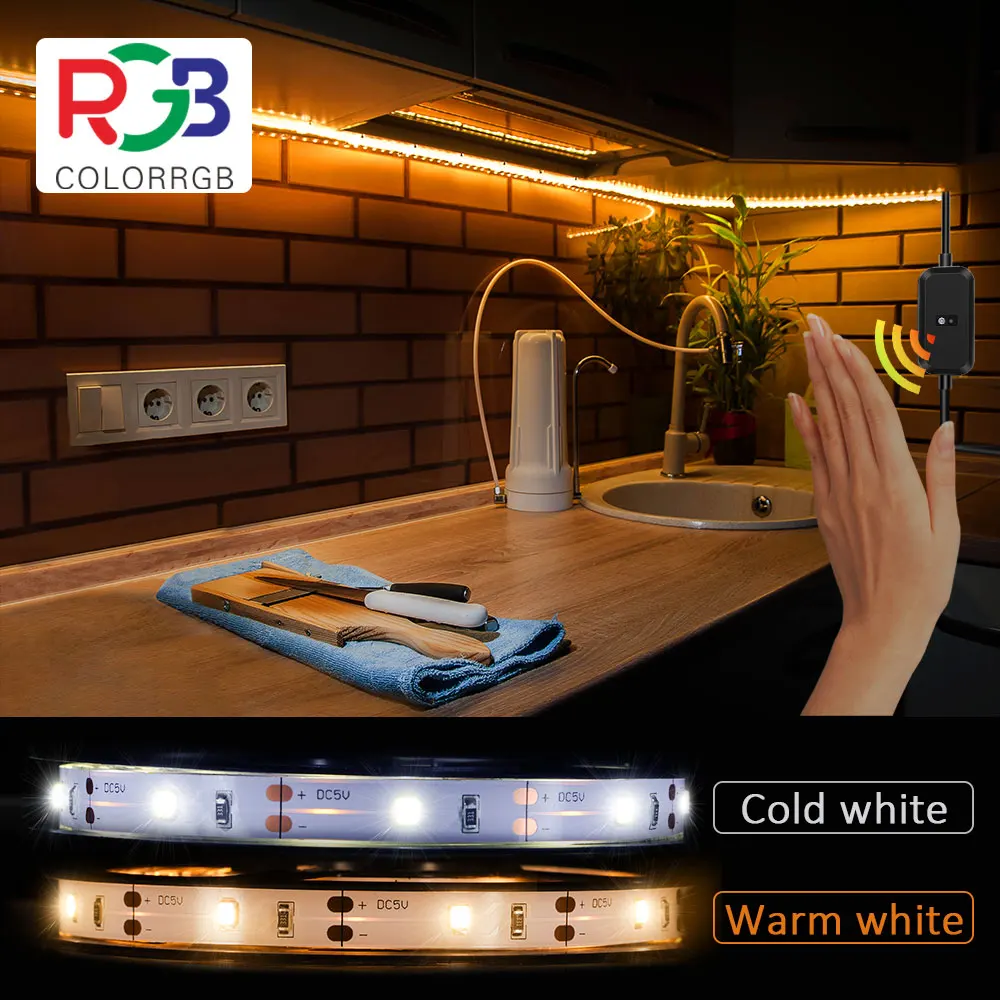 Led light strips With Motion Sensor, 30Leds Per Meter, White/Warm White, Light Under Cabinet Lights for Closet Wardrobe Cupboard